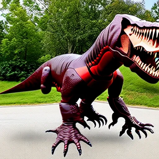 Image similar to a remote controlled giant t-rex being riden by kids, photorealistic, 8K, hyperrealistic