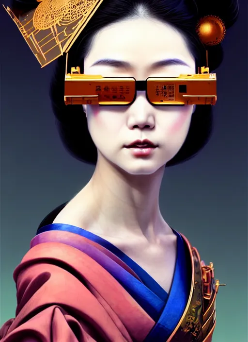 Image similar to sensual japanese geisha wearing vr eyewear, robotic, android, cyborg, cyberpunk face, steampunk, fantasy, intricate, elegant, highly detailed, colorful, vivid color, digital painting, artstation, concept art, art by artgerm and greg rutkowski and ruan jia,