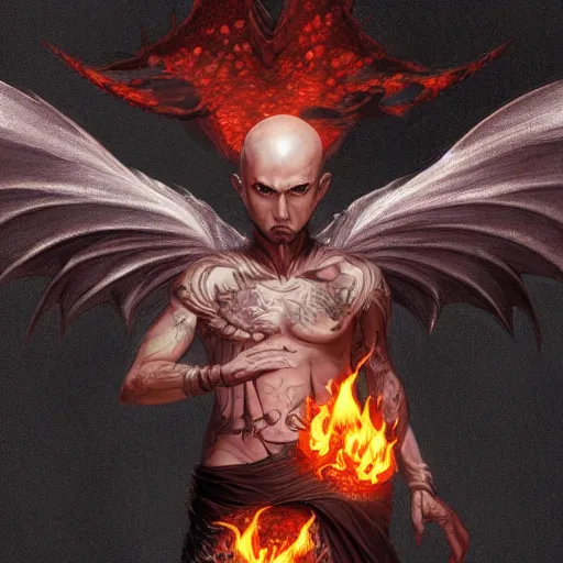 Image similar to full body anime style dragon in humanoid form, bald with a beard made of fire. fantasy style. very punk / alt aesthetic. wings and tail, a highly detailed, digital painting, artstation, concept art, matte, sharp focus, illustration, art by artgerm and greg rutkowski