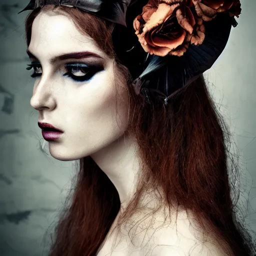 Image similar to a portrait of female model by stefan geselle, photorealistic, intricate details, hyper realistic, dark fantasy, ornate headpiece, dark beauty, photorealistic, canon r 3, photography, wide shot, photography, dark beauty