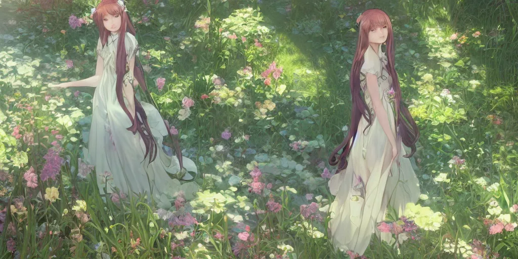 Prompt: a digital art of a loli with long hair in a dress in the privet garden at after noon, green and warm theme, by krenz cushart and mucha and akihito yoshida and greg rutkowski and makoto shinkai, low angle, long shot, back lighting, detailed eyes, 4 k resolution, trending on art station