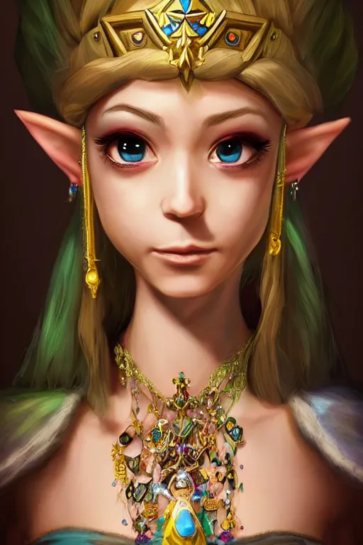 Image similar to beautiful very detailed portrait of a zelda princess with lots of jewelry in the face, full body, in the background there is a minimalistic palace, digital art , dramatic cinematic lighting rendered by octane, 8k, detailed, intricate, clean and textures, trending on artstation, treanding on deviantart, trending on cgsociety, pinterest, by Lauren Brevner + yasutomo oka