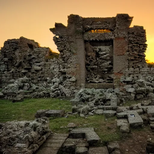 Prompt: a photo of the ruines of a geek temple during sunset on an island, 5 0 mm lens, f 1. 4, sharp focus, ethereal, emotionally evoking, head in focus, volumetric lighting, blur dreamy outdoor,