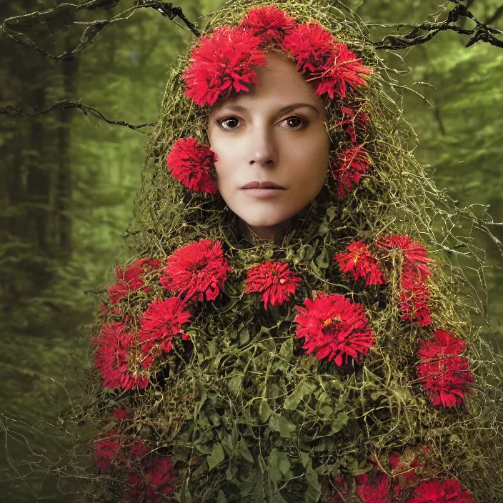 Prompt: closeup portrait of a woman wearing a hooded cloak made of zinnias and barbed wire, in a dark forest, by David LaChapelle, natural light, detailed face, CANON Eos C300, ƒ1.8, 35mm, 8K, medium-format print