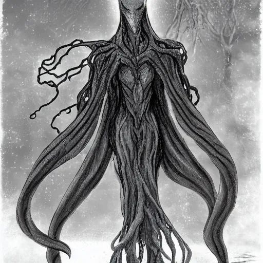 Image similar to concept designs for an ethereal ghostly wraith like figure with a squid like parasite latched onto its head and long tentacle arms that flow lazily but gracefully at its sides like a cloak while it floats around a frozen rocky tundra in the snow searching for lost souls and that hides amongst the shadows in the trees, this character has hydrokinesis and electrokinesis for the resident evil village video game franchise with inspiration from the franchise Bloodborne and the mind flayer from stranger things on netflix