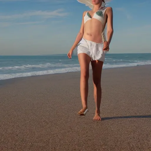 Prompt: a photo of a real angel walking on a beach.