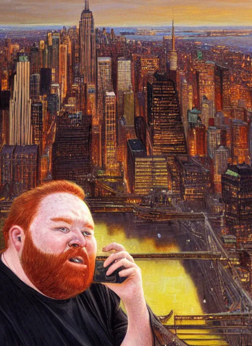 Image similar to a fat redheaded man with beard talking on a cell phone manhattan skyline in the background, intricate, elegant, highly detailed, centered, digital painting, artstation, concept art, smooth, sharp focus, illustration, art by james gurney and donato giancola and Joseph Christian Leyendecker