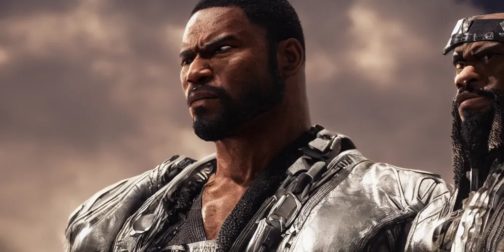 Image similar to a film still of a black man starring in a japanese blockbuster film as bryan fury from tekken, shallow depth of field, cinematic, award winning cgi, vfx, film still