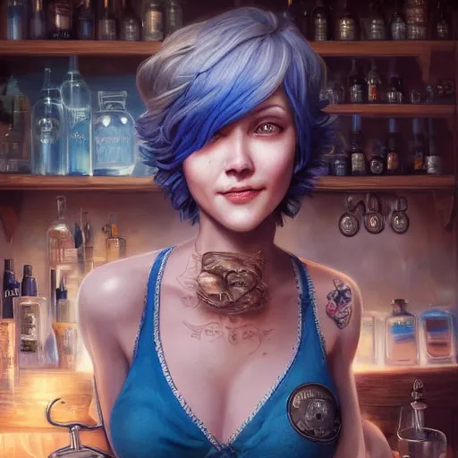 Prompt: an insanely detailed portrait of a smiling beautiful barmaid with short blue hair working at a rustic saloon, highly detailed features, sparkling blue eyes, long eyelashes, in the style of peter mohrbacher, artgerm, dramatic lighting and composition, octane render, trending on artstation, concept art 8 k