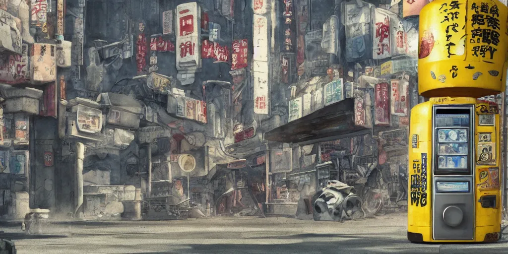 Prompt: incredible wide screenshot, simple watercolor, paper texture, water color paper, ghost in the shell movie scene, distant shot of robot vending machine sitting under a yellow striped parasol in deserted dusty shinjuku junk town, old pawn shop, bright sun bleached ground , vending machine robot monster lurks in the background, ghost mask, teeth, animatronic, black smoke, pale beige sky, junk tv, texture, strange, impossible, fur, spines, mouth, pipe brain, shell, brown mud, dust, bored expression, overhead wires, telephone pole, dusty, dry, pencil marks, genius party,shinjuku, koji morimoto, katsuya terada, masamune shirow, tatsuyuki tanaka hd, 4k, remaster, dynamic camera angle, deep 3 point perspective, fish eye, dynamic scene