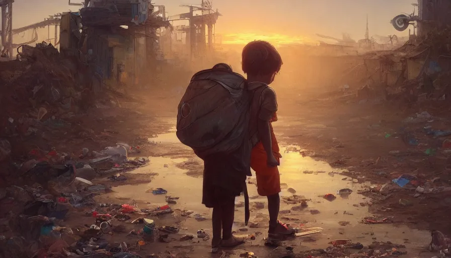 Prompt: poor detailed child with backpack looking for food at garbage dump, city is pure wasteland, sunset in background, detailed characters, alphonse mucha, greg rutkowski, trending on artstation, artgerm, breathtaking, sharp focus, smooth, mark arian, award winning, highly detailed 4 k art