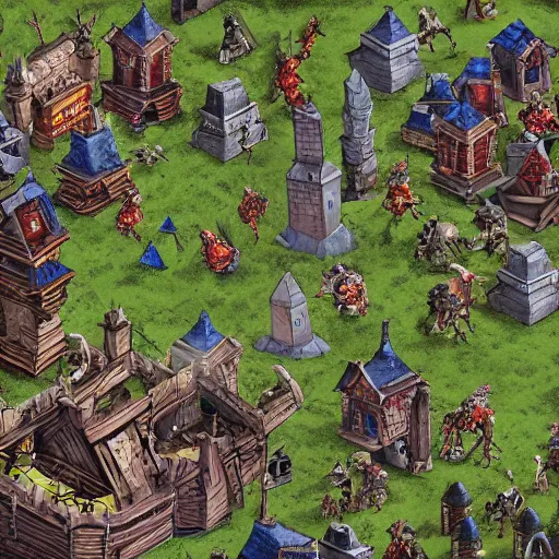 Image similar to Evil mage is standing on top of his tower, raising hands up high and leading his horde of zombies to outer lands. Isometric, high angle, big scale battle map. Highly detailed digital art, unreal engine.