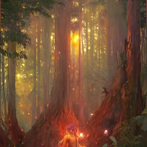 Prompt: forest , overdetailed art, by greg rutkowski, by Alfons Mucha, complementing colors, magic, colorful lights, fireflies, detailed illustration