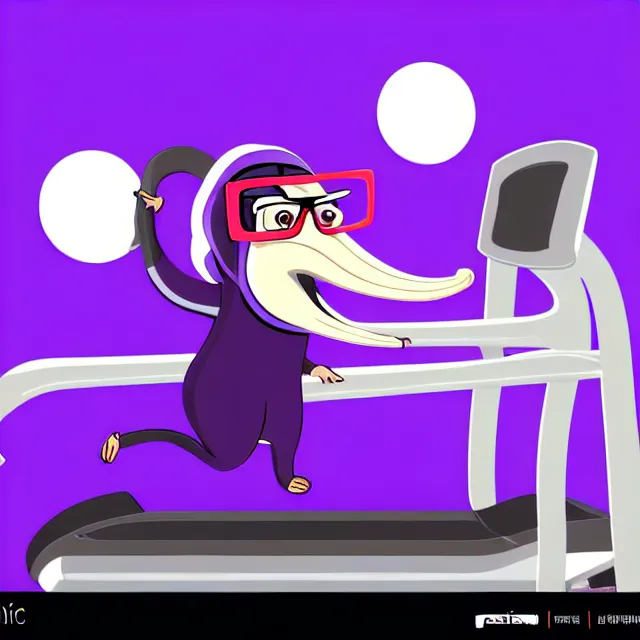 Prompt: epic professional digital cartoon vector art of a smiling cartoon anteater with glasses and a purple sweatband, wearing a purple sweatsuit, exercising on a treadmill in a gym, best on artstation, cgsociety, wlop, Behance, pixiv, cosmic, epic, stunning, gorgeous, much detail, much wow, masterpiece