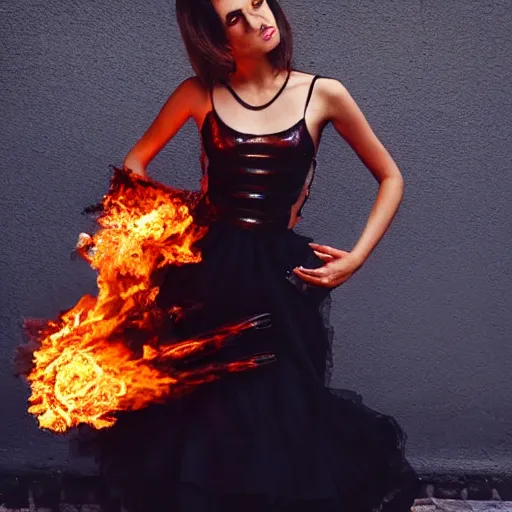 Image similar to “ a full - body fashion photograph of a hispanic fashionista wearing dresses made out of fire, high quality, high definition, ultra hq, highly detailed ”