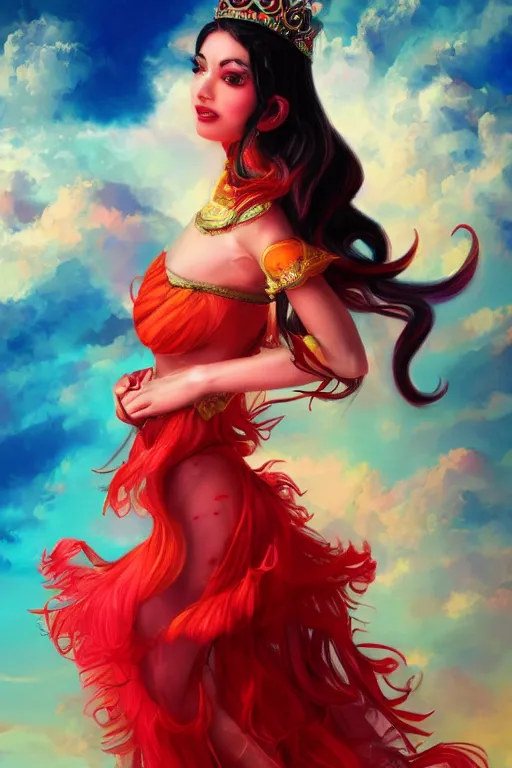 Prompt: a beautiful persian princess in colorful clouds and smoke, red dress, long black hair, smiling in awe, face, highly detailed, artstation, concept art, sharp focus, digital art by hana yata, octane render, unreal engine, 8 k