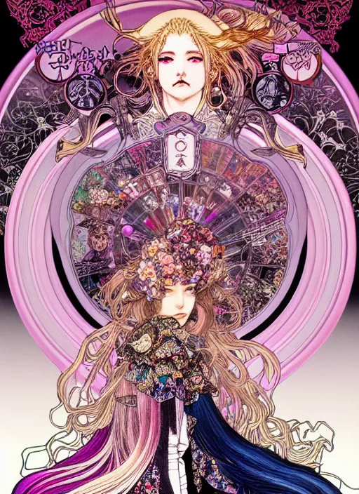 Image similar to highly detailed terada katsuya artstation ayami kojima manga poster of princess mechine, rainbow gradient reflection, long hair, armor, dress, laces, ruffles, 8 k, maximalist,, jump comics, tomer hanuka, alphonse mucha