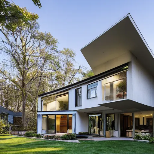 Image similar to A residential house built in a colonial style with a renovated usoian upper floor, a brutalist sunroom on the right hand side, and a bauhaus roof line. well lit from the inside, Real estate photography