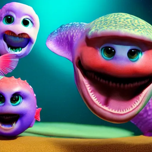 Image similar to smiling baby fish aquatic dinosaurs with glowing blue phosphorescent textures throughout their skin. rendered by pixar.