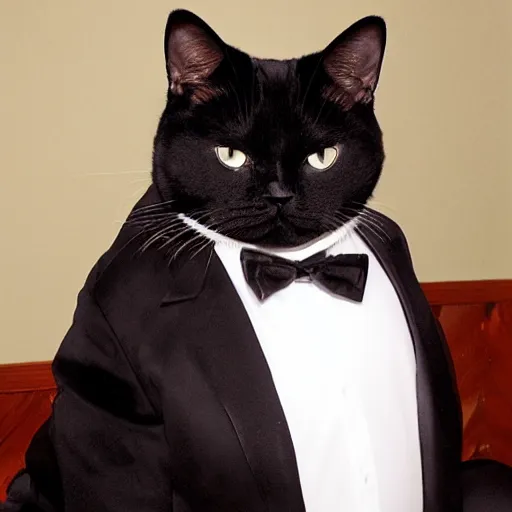 Image similar to a very fat and judgmental cat wearing a full tuxedo, smoking a cigar, sitting in a dimly lit parlor lounge, photograph!