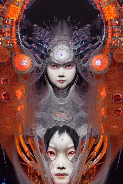 Image similar to asura from chinese myth, ghost, gorgeous and huge head ornaments, dystopian, cyberpunk, organic fractal mycelum and fungi, mecha, halfturn portrait of a big crystal face made of crystals half - turn, ominous, intricate, studio, art by anthony macbain + greg rutkowski + alphonse mucha, concept art, 4 k, sharp focus