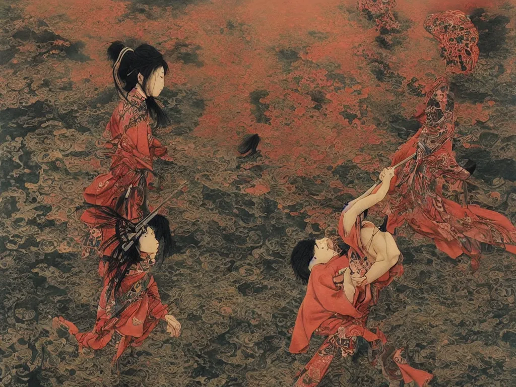 Image similar to Japanese schoolgirl runs away from Samurai with a katana on the subway, high detailed Beksinski painting, part by Adrian Ghenie and Gerhard Richter. art by Takato Yamamoto. masterpiece