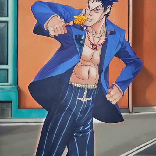 Image similar to a beautiful painting of jotaro with superpowers posing for a picture on a city street by hirohiko araki, detailed line art, jojos bizarre adventure