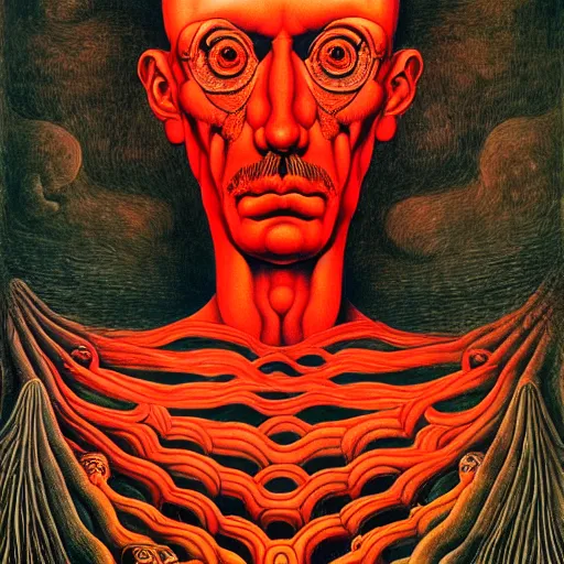 Image similar to red conceptual post - mortem monumental portrait made by escher and william blake and salvador dali, highly conceptual art, intricate detailed painting, illustration sharp detail, manga 1 9 9 0