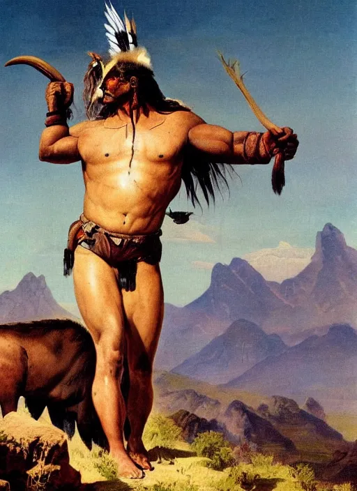 Prompt: native american riding bison, buffalo, native american warrior, mountain range, beautiful sky, standing on the edge of a cliff, 1 9 th century, painted by frazetta