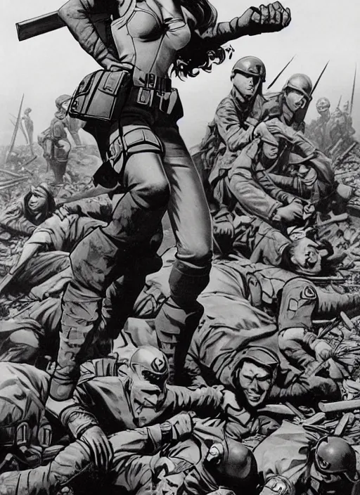 Prompt: beautiful female captain america standing on a pile of defeated, beaten and broken german soldiers looking toward berlin. feminist captain america wins wwii. american wwii propaganda poster by james gurney and pixar. gorgeous face. long braids. overwatch.