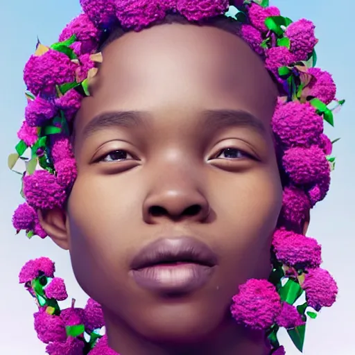Image similar to colourful vfx art - portrait of smiling nigerian boy wrapped in flowers & vines, art by hsiao - ron cheng & james jean, volumetric light, ray tracing, sharp, detailed, digital painting, illustration, highly detailed, intricate detail, unreal engine, octane render, pinterest, behance, art station,