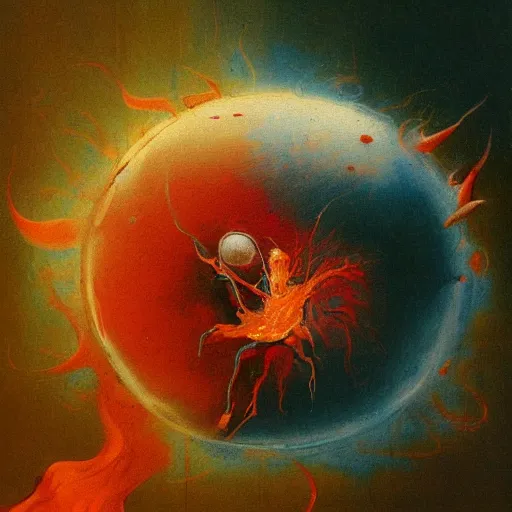 Image similar to a sphere being devoured by abstract splatters of paint in the style of francis bacon, venus being engulfed in flames in the style of james jean, surreal, beksinski, high detailed