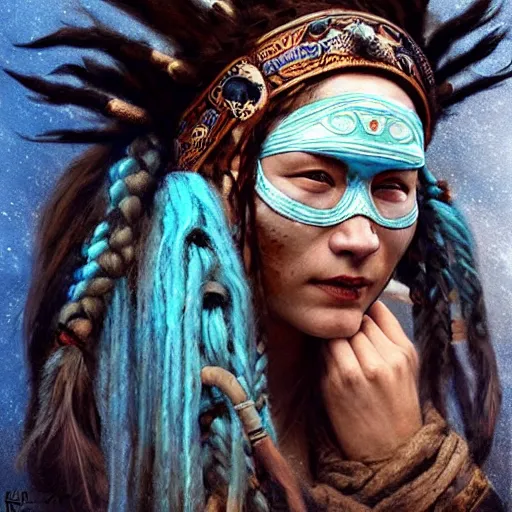 Image similar to A young blindfolded shaman woman with a decorated headband, in the style of heilung, blue hair dreadlocks and wood on her head, atmospheric lighting, intricate detail, cgsociety, ambient light, dynamic lighting, art by karol bak