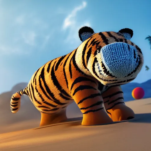 Prompt: a closeup photorealistic photograph of a cute smiling knitted tiger hippopotamus chasing a beachball at sundown. surf in background. professional capture. this 4 k hd image is trending on artstation, featured on behance, well - rendered, extra crisp, features intricate detail, epic composition and the style of unreal engine.