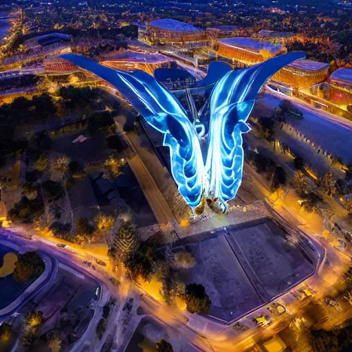 Prompt: monumental full open shot during the night of a smooth futuristic glowing massive abstract structure. the detailed structure resembles huge bird wings. the structure is ment for people and has trees on it's porches. insanely large sense of scale. the building has the size of a mountain. full shot. extreme long wide shot. from a perspective of 2 0 0 meters in the air.