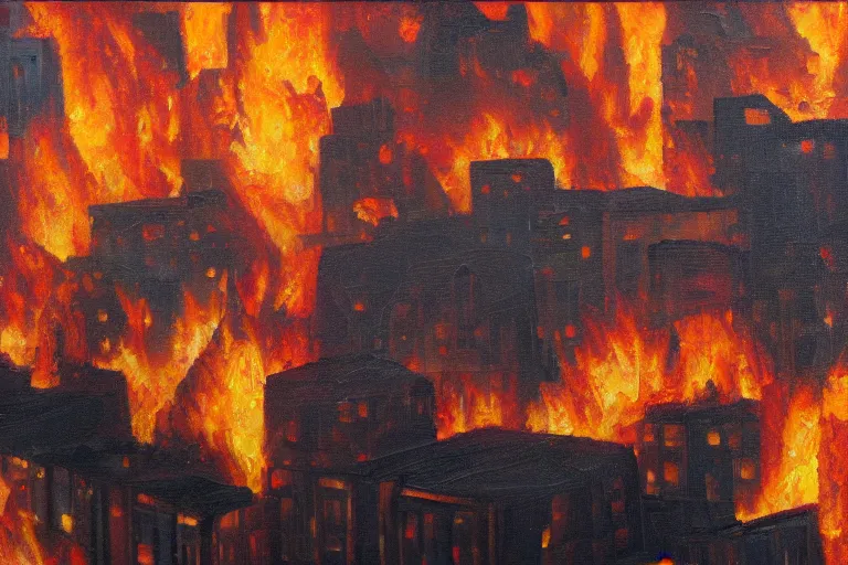 Image similar to buildings on fire, medium shot, realistic, oil on canvas, 8k high def, macro detail