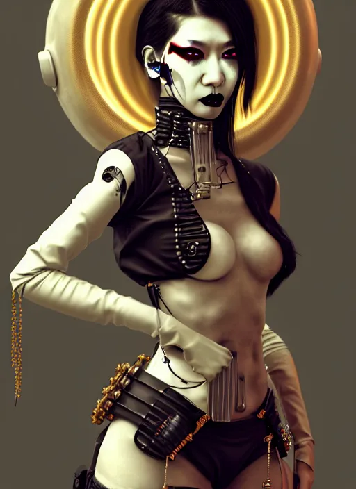 Image similar to soft lustrous ivory ebony geisha yakuza raver gutter punk gothic biotech steampunk cyborg, golden ratio, details, scifi, fantasy, cyberpunk, intricate, decadent, highly detailed, digital painting, octane render, artstation, concept art, smooth, sharp focus, illustration, art by artgerm, loish, wlop