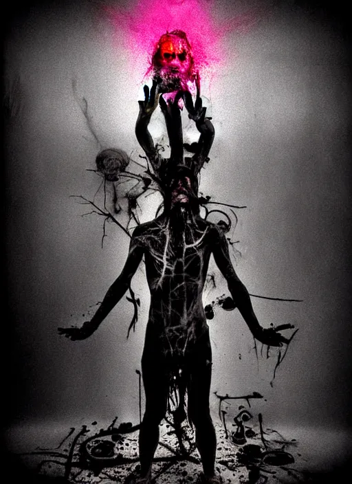 Prompt: spiritual journey into madness, psycho stupid fuck it insane, looks like death but cant seem to confirm, cinematic lighting, psychedelic experience, various refining methods, micro macro autofocus, ultra definition, award winning photo, to hell with you, devianart craze, photograph taken by michael komarck