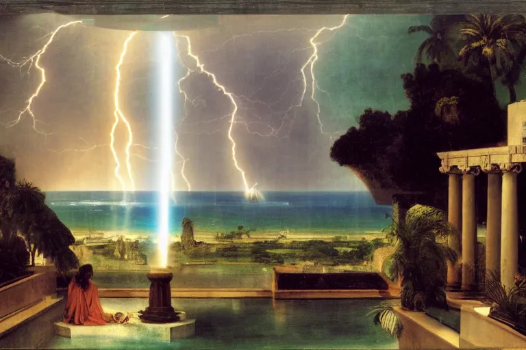 Image similar to mediterranean balustrade and columns, refracted lightnings on the ocean, thunderstorm, fountain, greek pool, beach and Tropical vegetation on the background major arcana sky and occult symbols, by paul delaroche, hyperrealistic 4k uhd, award-winning, very detailed paradise