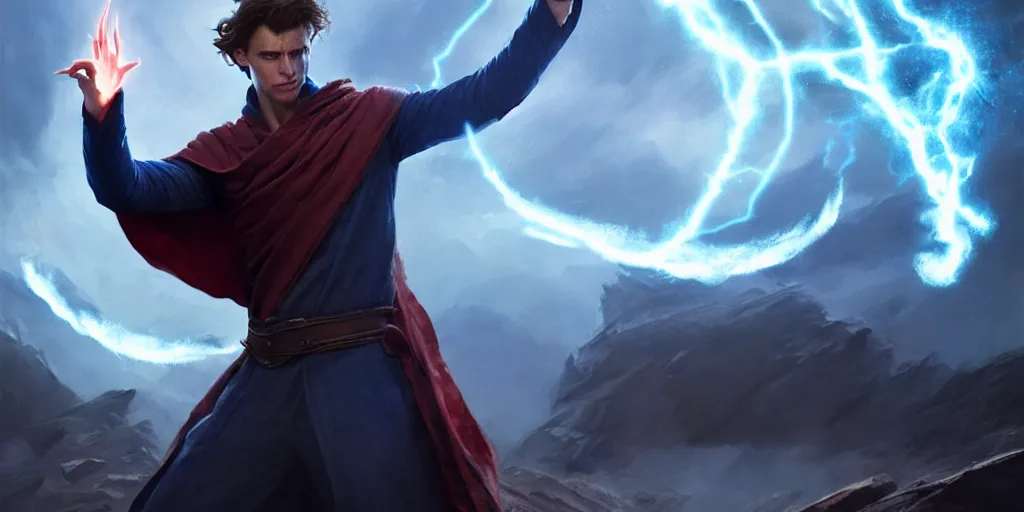 Image similar to epic scene of a handsome caucasian male sorcerer with brown hair, he is casting a blue and red spell that is emanating from his hands, heroic pose, medium shot, waist up, epic composition, post processing, concept art, by greg rutkowski