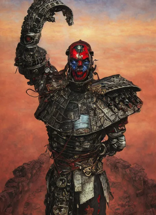 Image similar to portrait of a diabolical cyborg clown samurai, torn cape, adaptive armor, dynamic pose, heavy eyes to the side, ancient ruins, glowing veins subsurface scattering, in clouds, sunset, portrait, by gerald brom, by mikhail vrubel, by peter elson, muted colors, extreme detail, reflections, trending on artstation, 8 k