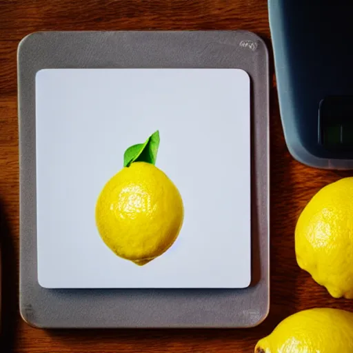 Image similar to Polaroid photo of a lemon on a cutting board, motion blur, out of focus, flash, overexposed, grainy