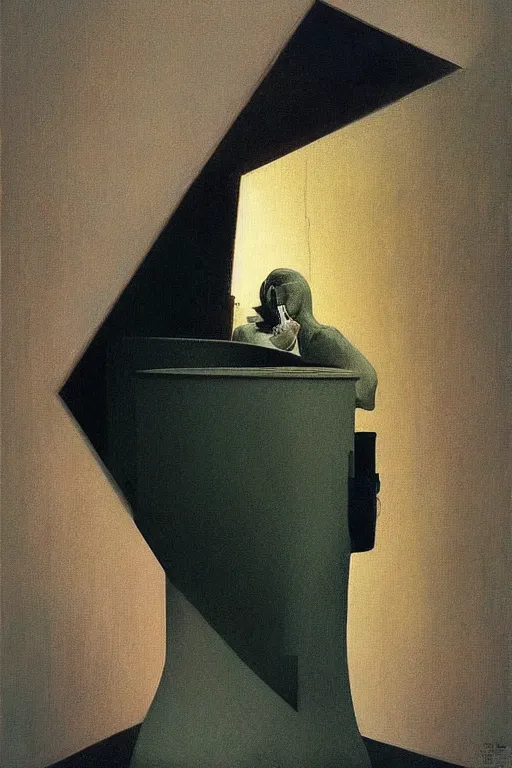 Image similar to a man wearing a trash bin through her head Edward Hopper and James Gilleard, Zdzislaw Beksinski highly detailed