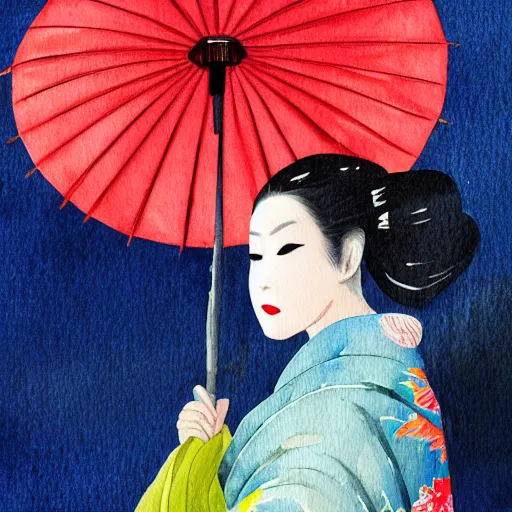 Image similar to dramatic portrait of a geisha holding and umbrella in a rainstorm at dusk : dynamic lighting / watercolor / close - up :