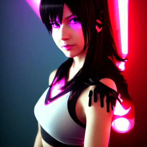 Image similar to tifa lockhart synthwave style volumetric lighting