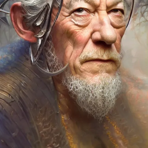 Image similar to closeup portrait shot of ian mckellen as king oberon, fairy wings, lord of beasts, highly detailed, digital painting, artstation, concept art, soft focus, depth of field, artgerm, tomasz alen kopera, peter mohrbacher, donato giancola, wlop, boris vallejo