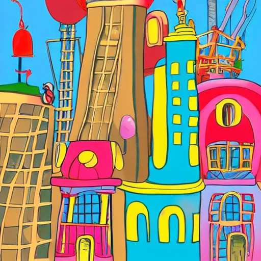 Prompt: fanciful city filled with curvy buildings, by dr seuss, towers, platforms, arches, bridges, stairs, colorful kids book illustration