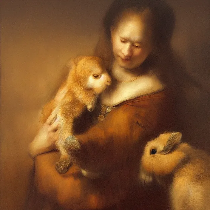 Prompt: a woman hugs rabbit a in a dark landscape full of human heads, golden light in center, hyper realistic, oil painting, highly detailed, by rembrandt