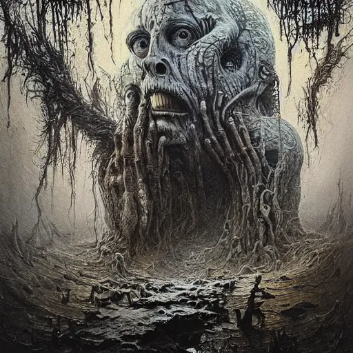 Prompt: an epic horrifying fantastic hyperdetailed 3 d matte painting photo taken with nikon d 7 5 0 an of a decaying eldritch creature partially covered with grafitti art by moebius by zdzisław beksinski by jakub rozalski by nekro