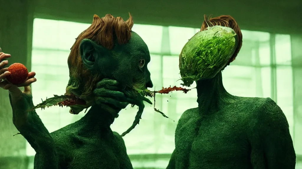 Image similar to the strange creature likes to eat, made of Chlorophyll and metal, film still from the movie directed by Denis Villeneuve with art direction by Salvador Dalí